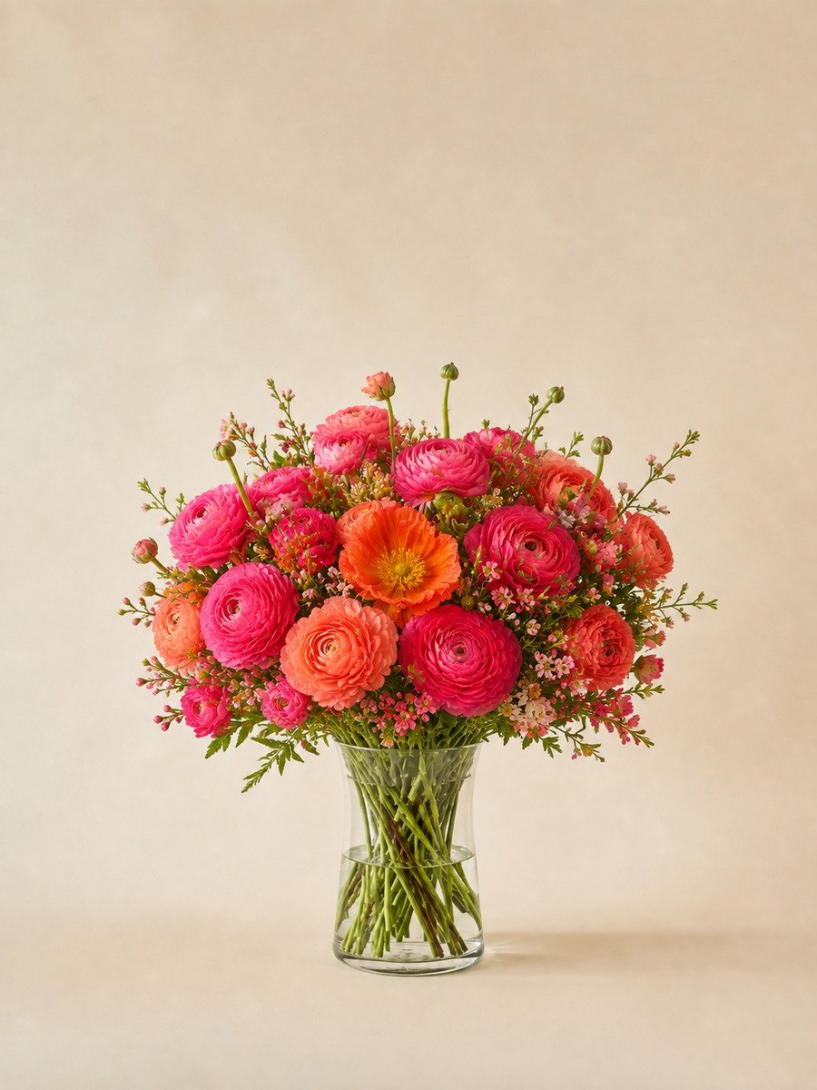 Dichter Strauß in Pink und Koralle mit oranger Mohnblüte
