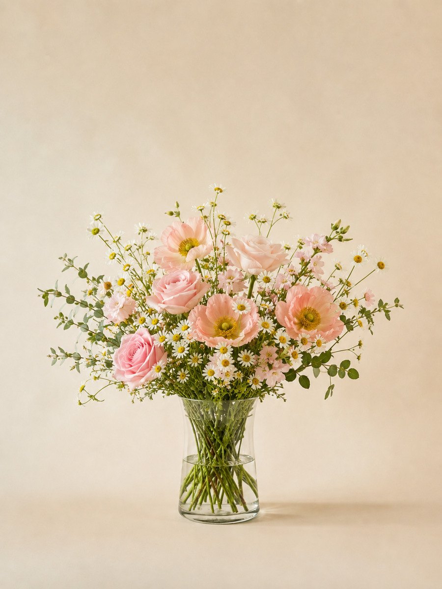 Zarter Strauß aus rosa Rosen, Mohn und weißer Kamille