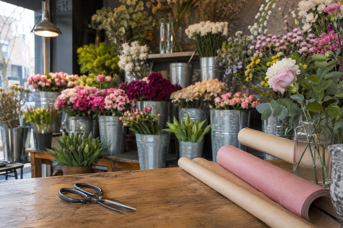 Eimer mit Schnittblumen, Papierrollen und Schere auf einer Holztheke