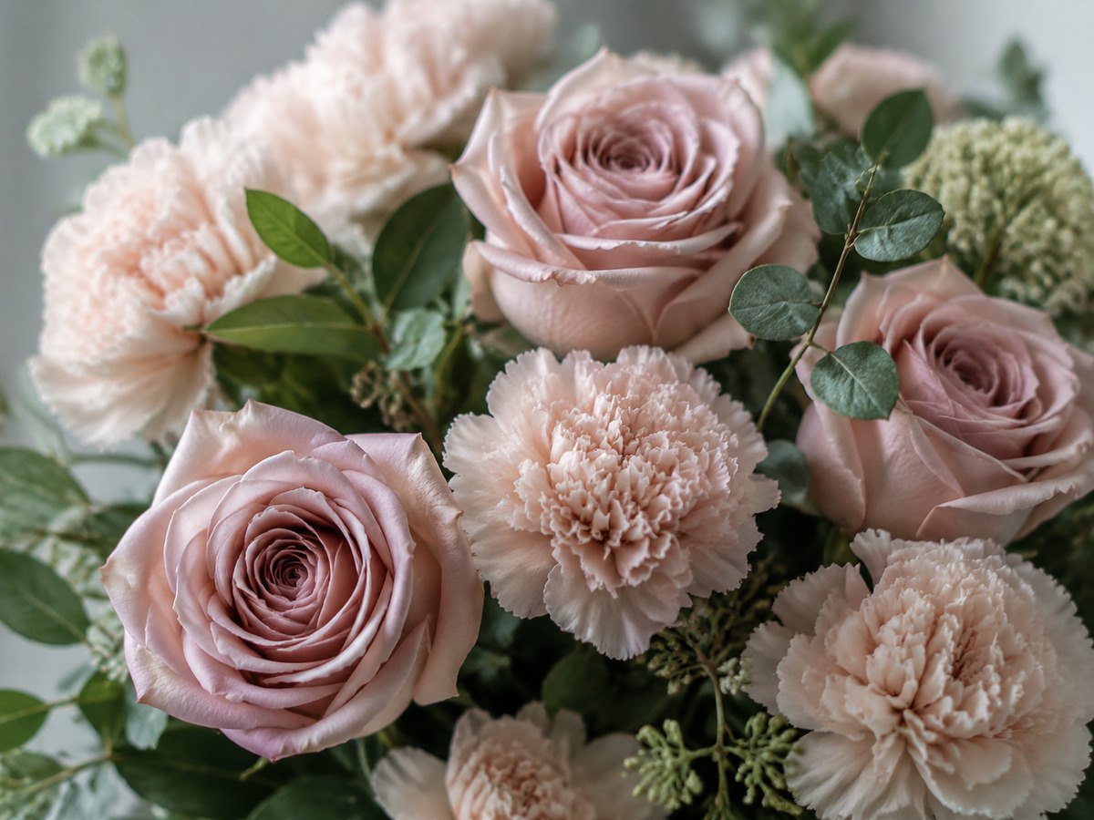 Nahaufnahme rosa Rosen und heller Nelken