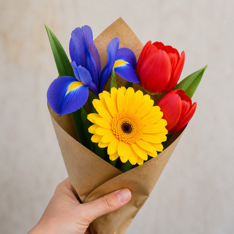 Kleiner Strauß aus Iris, Gerbera und Tulpen in Papier gewickelt