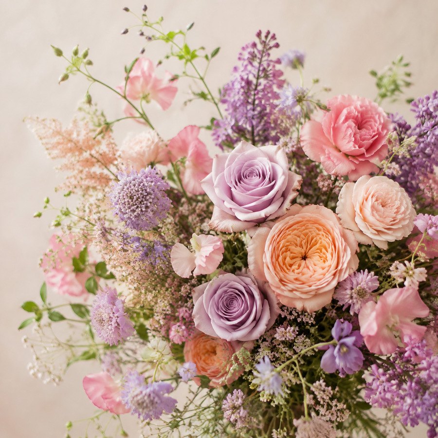 Zarter Strauß in Flieder, Apricot und Rosa